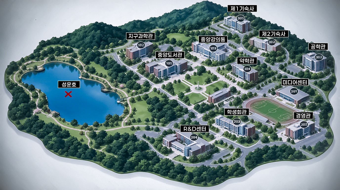 성운호와 101 중앙도서관을 포함한 성운대학교 지도
